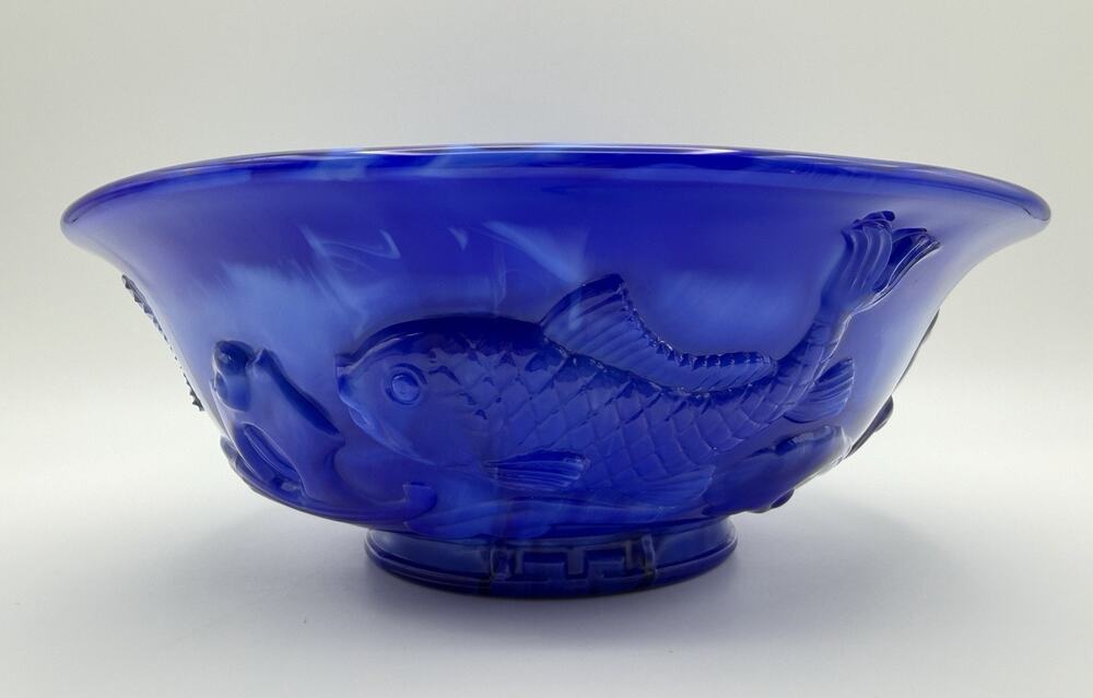 Fenton Atlantis Collection Blue Marbled Slag Glass Koi Fish Bowl 9” Vintage